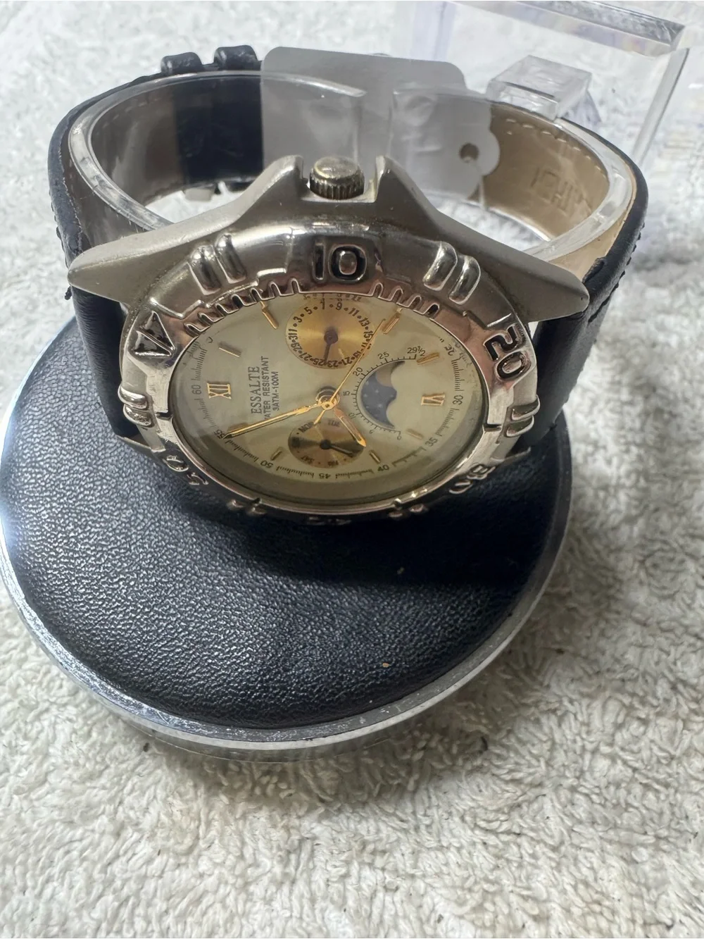 Men’s Black Leather Strap Watch with Cream Dial and Moonphase